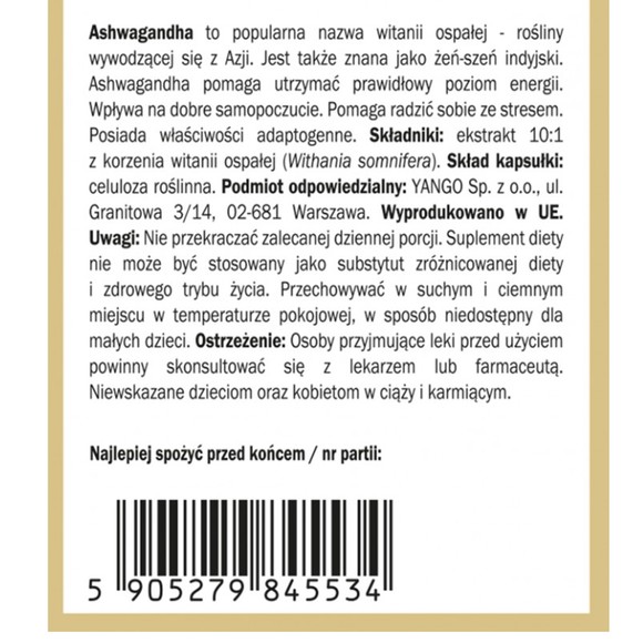 Yango ASHWAGANDHA żeń-szeń indyjski WSPRACIE STRES NIEPOKÓJ 90 kapsułek